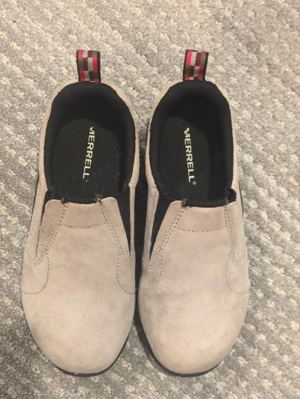 Merrell Kids Beige Slip-Ons with Black Interior and Red Pull Tabs WATERPROOF